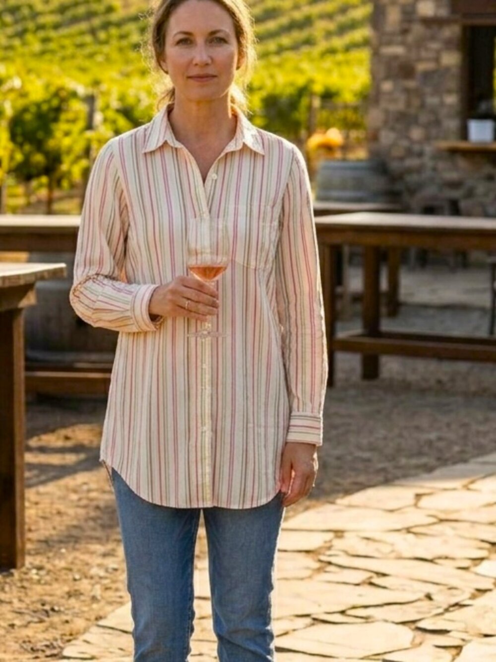 Jockey Womens Button Down Long Shirt Large Multicolored Stripes Stretch
